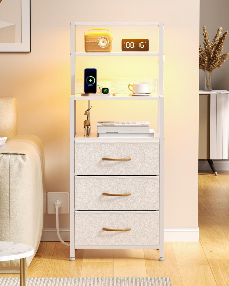 White Nightstand with 4 Shelves, 3 Fabric Drawers  LED Charging Station