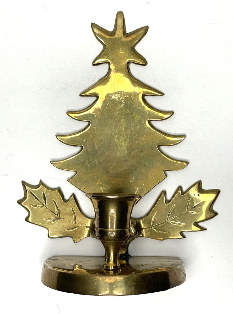 Vtg Solid Brass Christmas Tree Candle Holder Star Holly Leaf Taper Sconce India