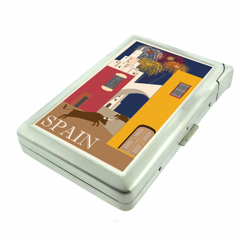 Spain Em1 100's Size Cigarette Case with Built in Lighter Metal Wallet