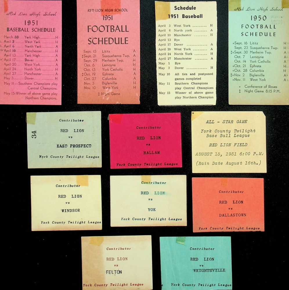 1950/51 RED LION HIGH SCHOOL FOOTBALL/ BASEBALL SCHEDULES & TICKET STUBS- EE-135