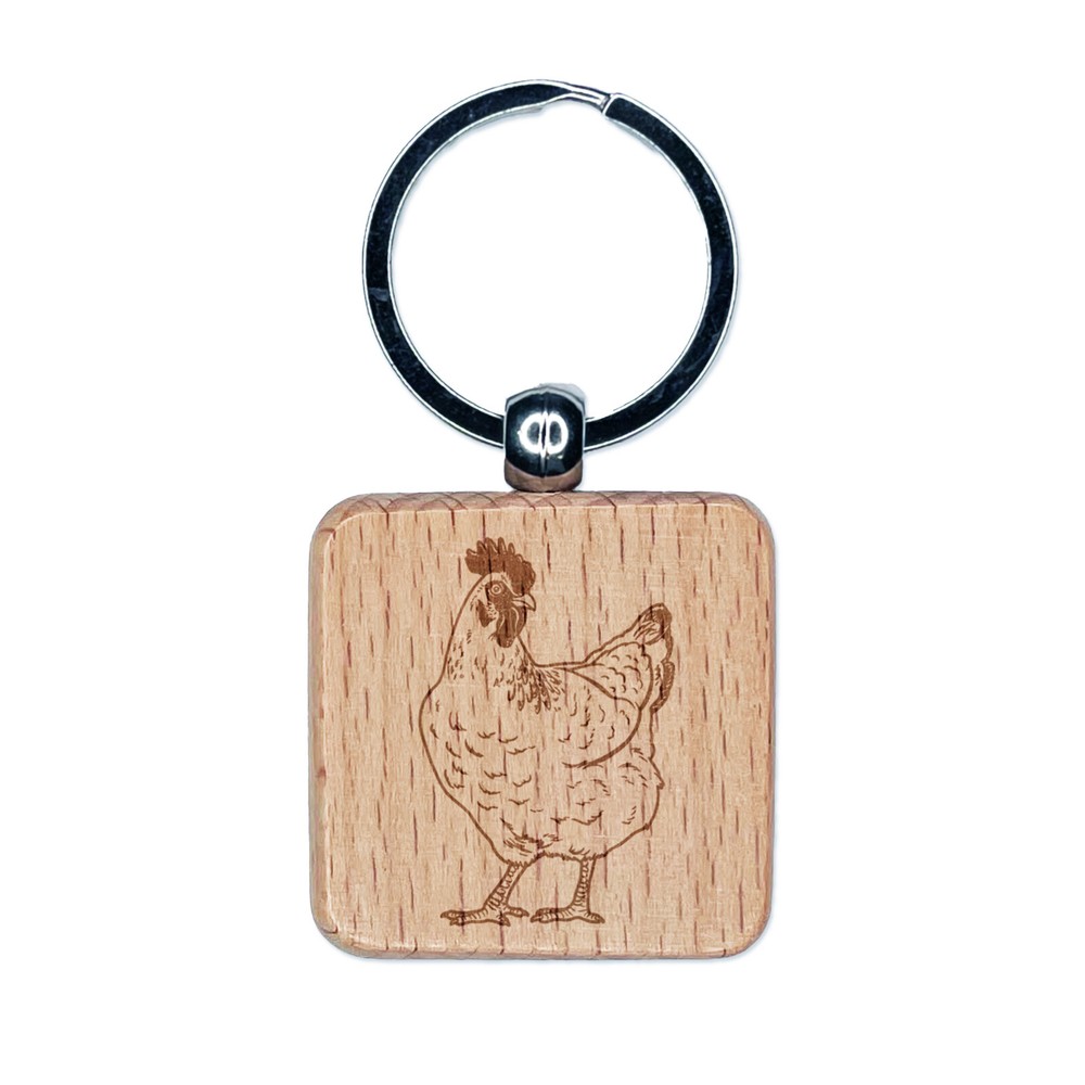 Curious Hen Chicken Engraved Wood Square Keychain Tag Charm