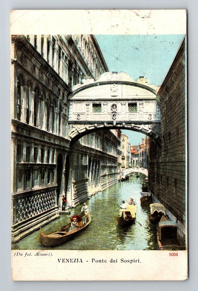Italy- Venice Bridge Of Sighs Canal Gondolas Souvenir Old Vintage c1909 Postcard