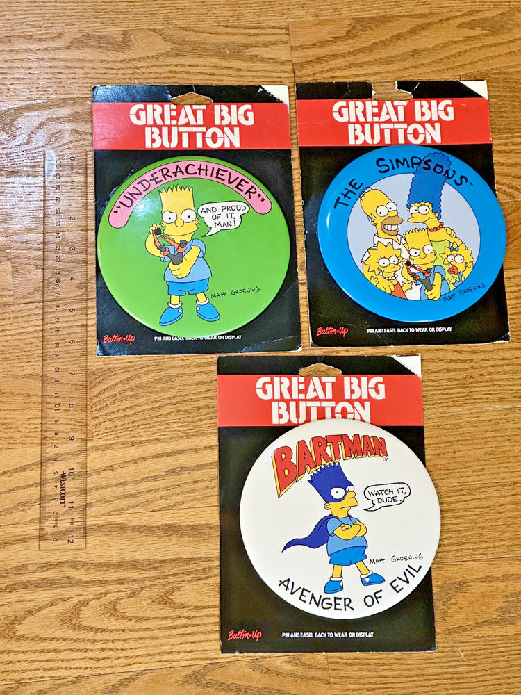 Lot of 3 Vintage 1989 Simpsons Great Big Button - Bartman Underachiever Simpsons