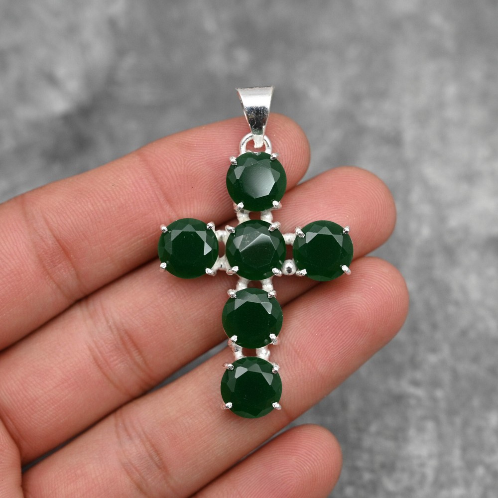 Emerald Lab-Created Gemstone Cross Pendant 925 Sterling Silver Handmade Jewelry