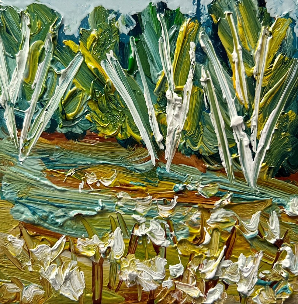 Abstract Landscape Oil Painting of Spring Meadow with Wildflowers and Trees