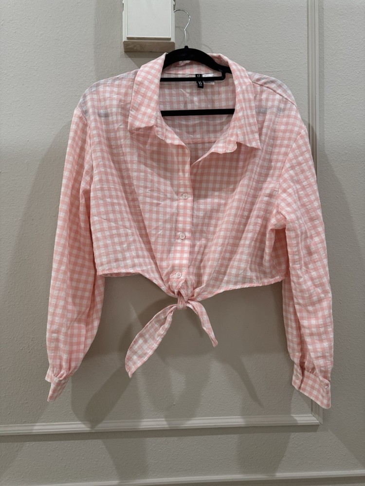 H&M Women's Pink Gingham Long Sleeve Button Down Cropped Tie Front Blouse Size L