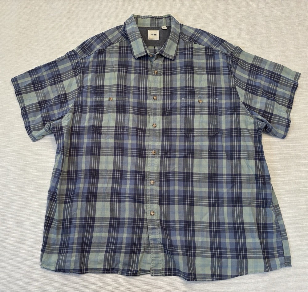 ROWM Men's Size 3XB Blue Plaid Short Sleeve Classic Button Down Shirt
