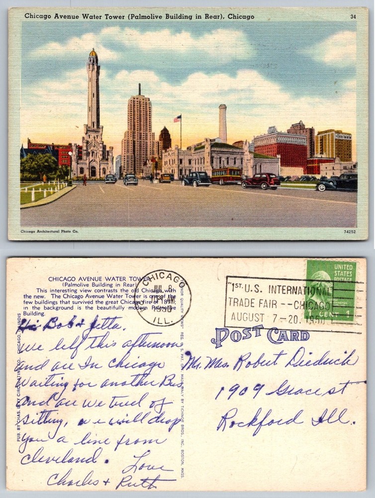 Chicago Water Tower Palmolive Building Vintage Linen Postcard 1940