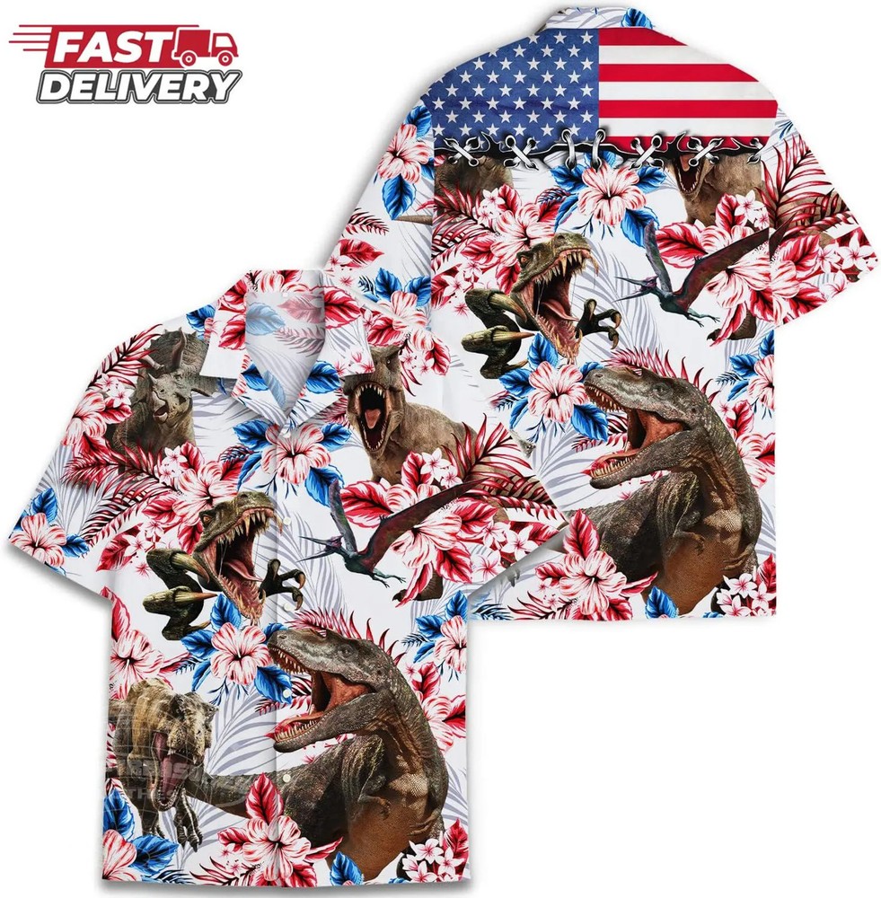 Dinosaur Hawaiian Shirt T-Rex Aloha Shirt With Tropical Flowers