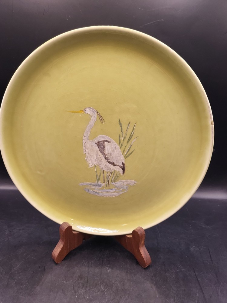 Vintage Russel Wright Steubenville Chartreuse Handpainted Crane Ceramic 8