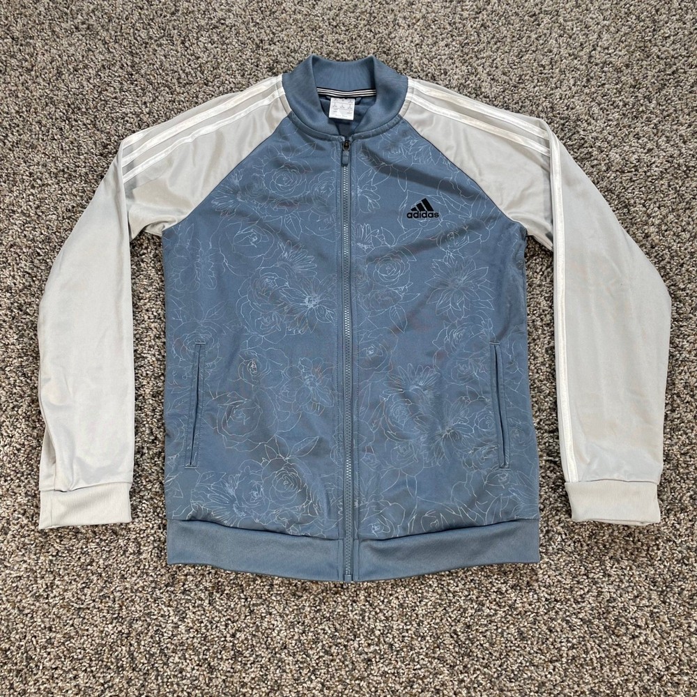 Adidas Women's Medium Floral Track Jacket Blue Grey Full Zip Three Stripe
