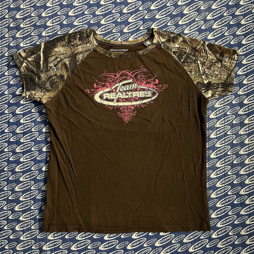 Women’s Y2K 2000s RealTree Camo Pink T Shirt Sz Large Brown Hunting Casual Shirt