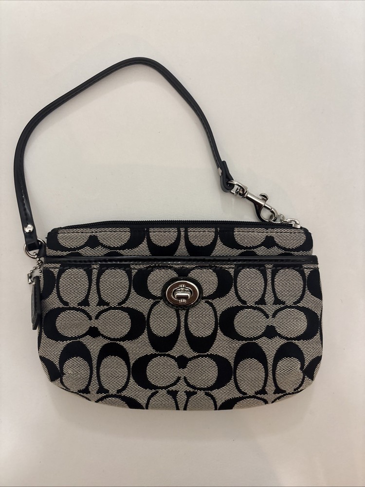 COACH Signature Canvas Zip Wristlet Wallet in Tan & Black