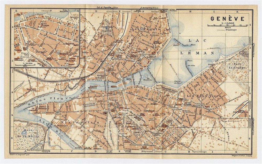 1930 Original Vintage City Map Of Geneva / Switzerland