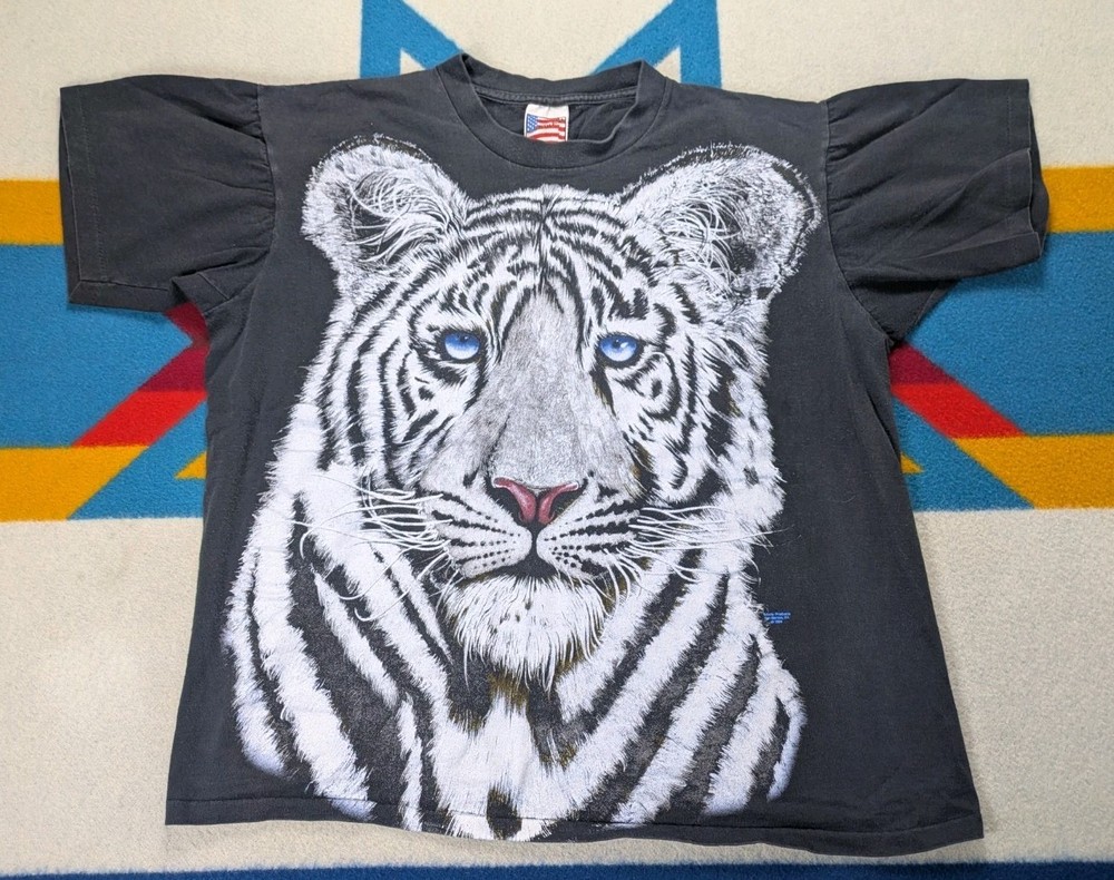 Vintage White Tiger Shirt Blue Eyes Single Stitch USA Made Animal AOP Large