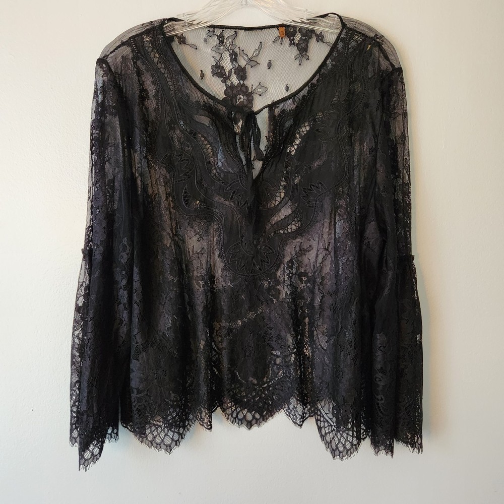 Womens Black Lace Whimsigoth Top XL Floral Flare Sleeve Fairygrung Festival Boho