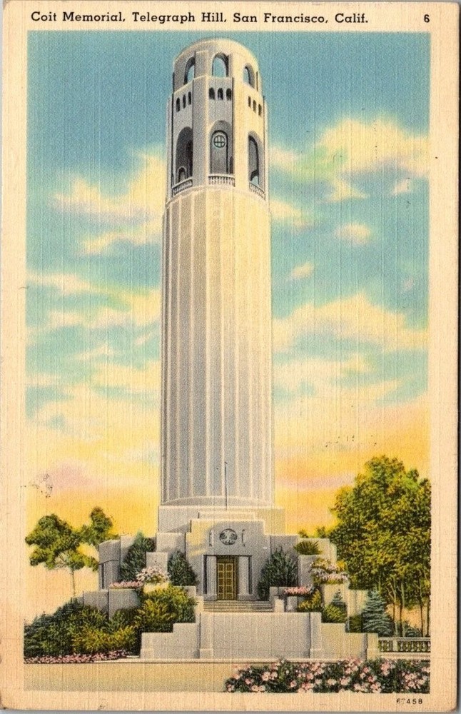 Coit Memorial Telegraph Hill San Francisco CA Linen Postcard 1948 Tichnor