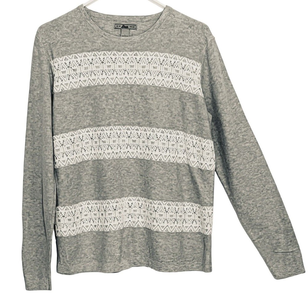 Gray White Lace Stripe Cotton Bass Sweater for Women Size L Long Sleeve Crew Neck