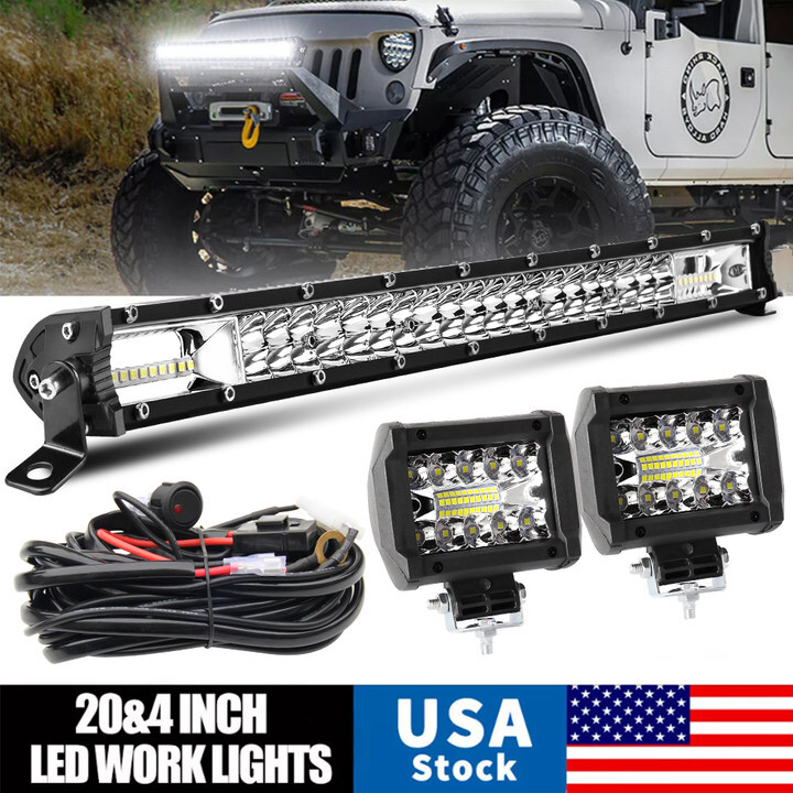 LED Light Bar 20Inch 300w Spot Flood Combo Light with Wiring Harness 4''Pods Kit