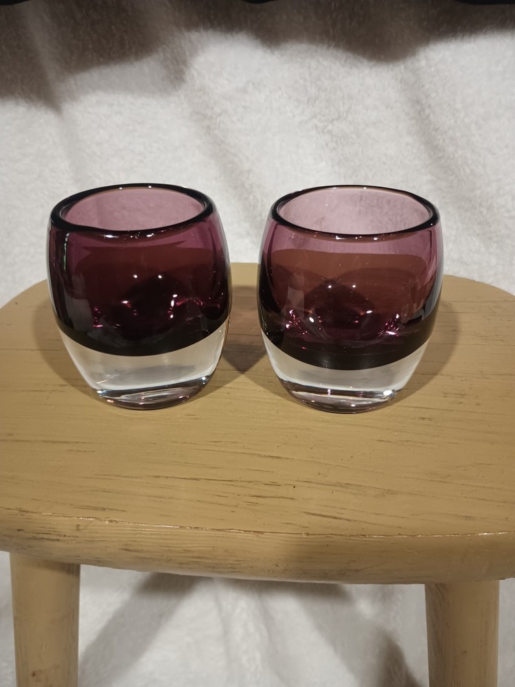 Set Of 2 Crate And Barrel Cased Glass Purple Votive Candle Holders Mint Cond.