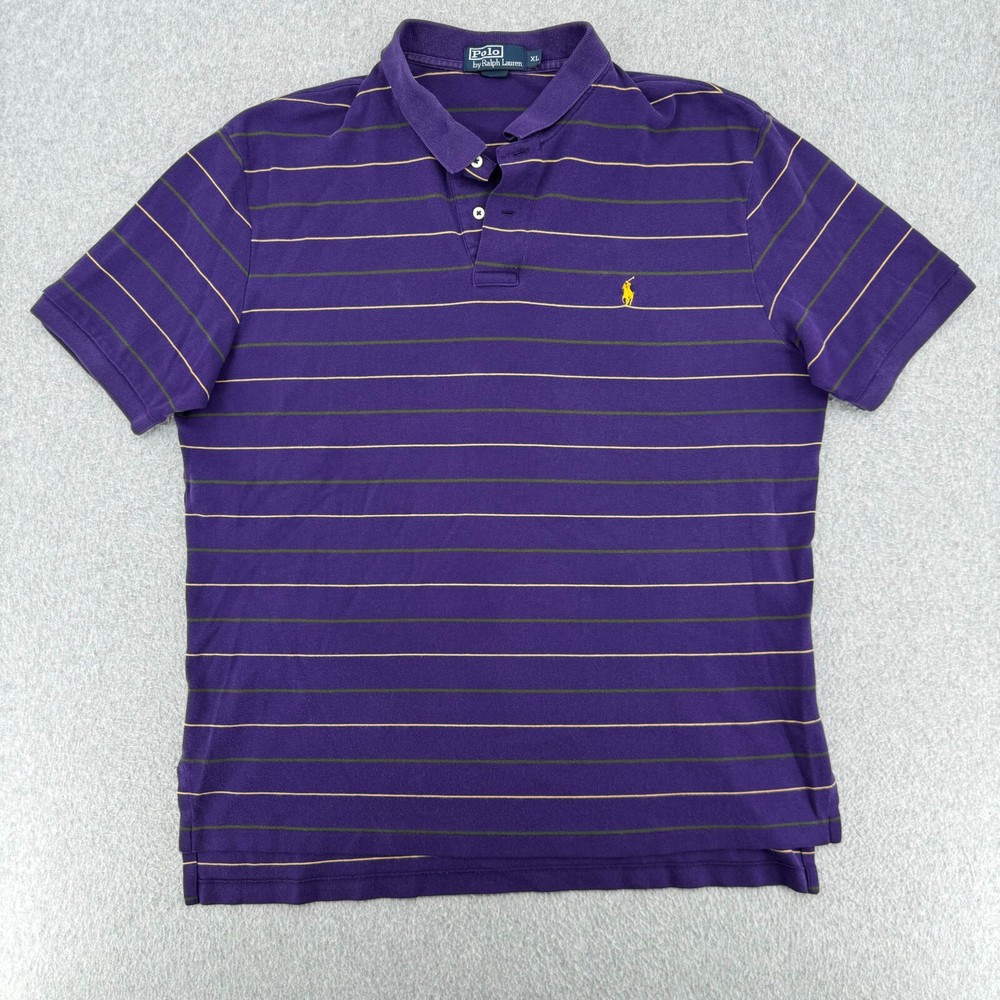 Polo Ralph Lauren Shirt Men's XL Purple Yellow Striped Classic Rugby Pony Logo