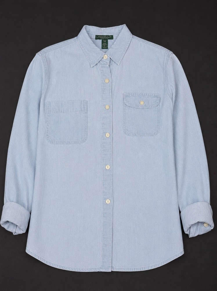 Lauren Ralph Lauren Women's Blue Chambray Collared Button-Up Shirt PS Pockets