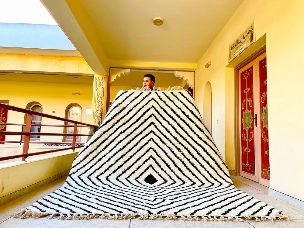Striped Moroccan Berber Wool Rug Color Black White Handmade Design Carpet Rug