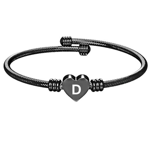 Stainless Steel Heart Word-D Bracelet Engraved Charm Bracelet for Women Black