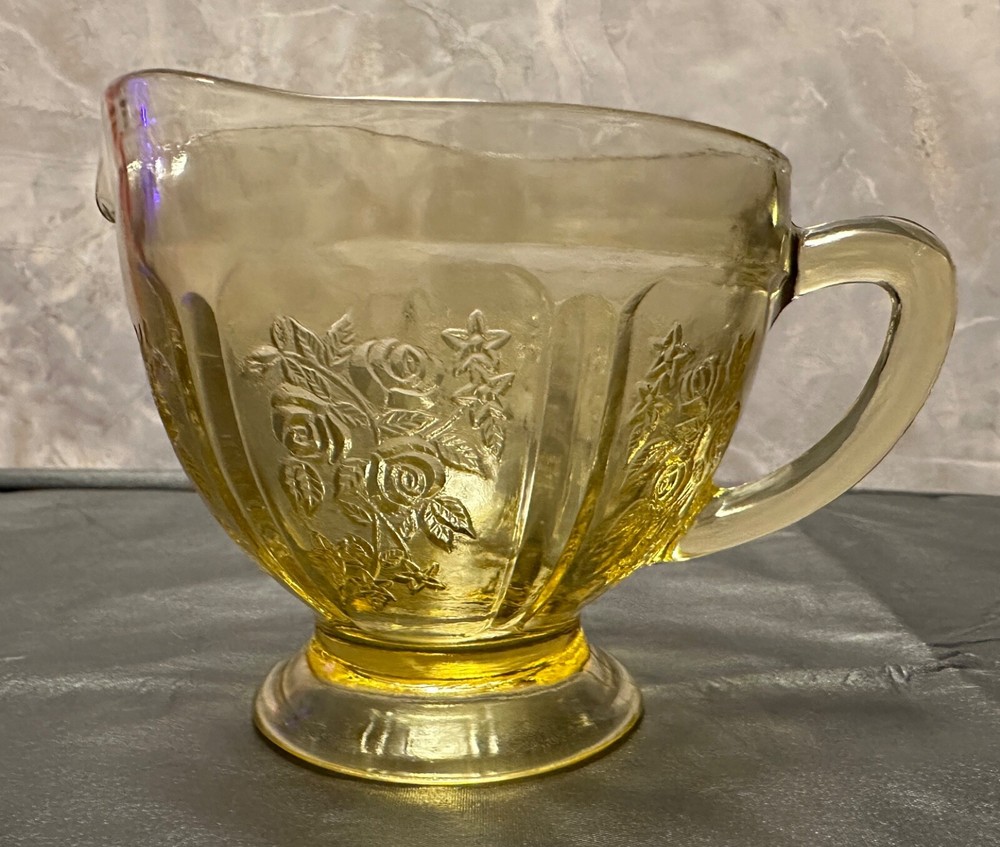 Federal Glass Sharon Cabbage Rose Amber Yellow Footed Vintage Creamer 3.5 Inch