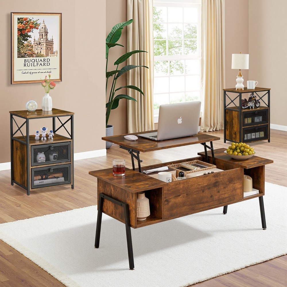 3 Piece Coffee Table Set 2 End Tables Wooden Sofa Occasional Set for Living Room