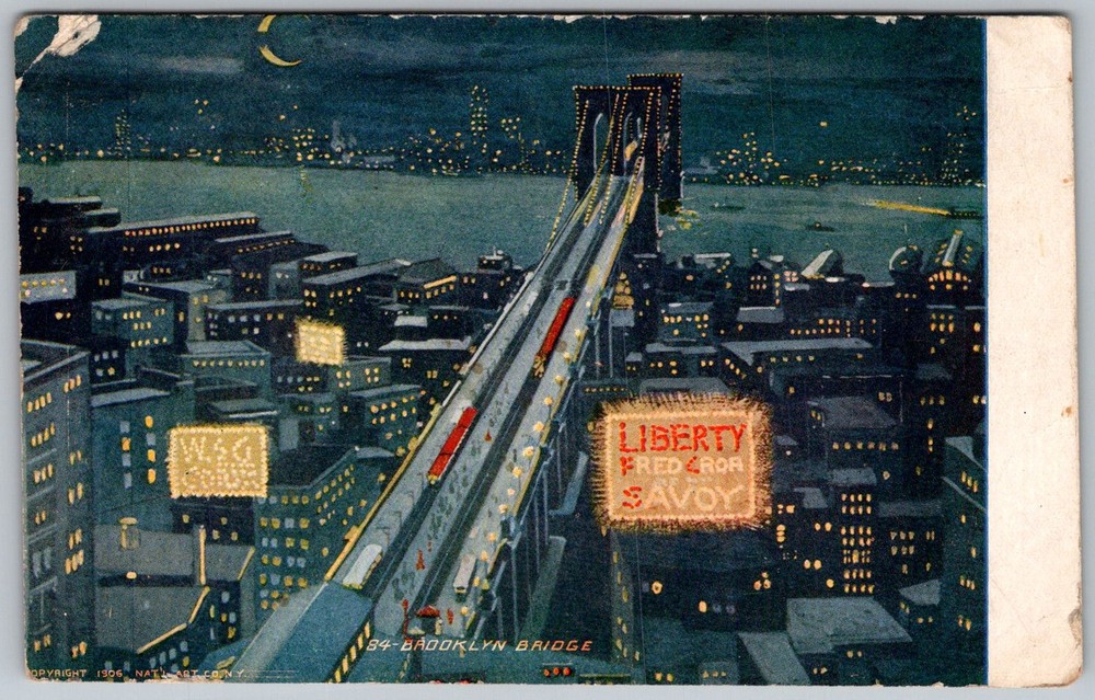 Antique Postcard Brooklyn Bridge Night View New York, NY 1910s