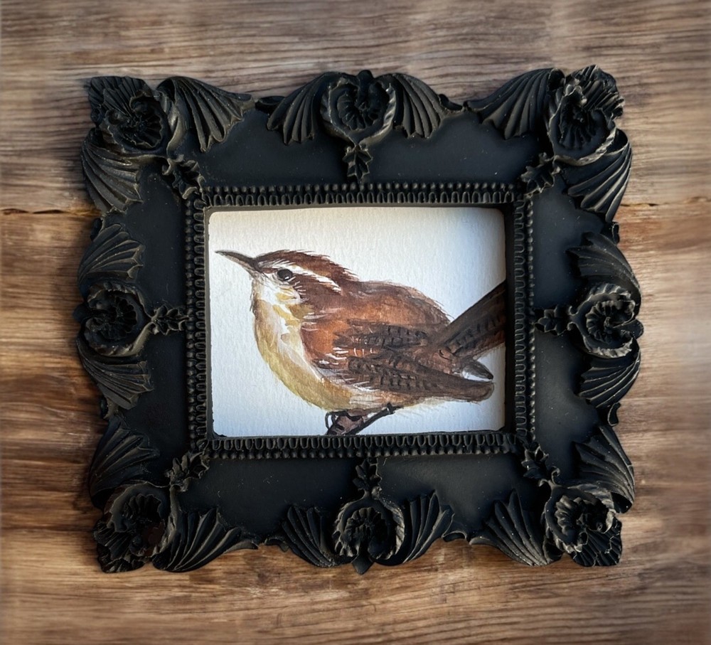 Carolina Wren watercolor mini print of original painting in vintage style frame