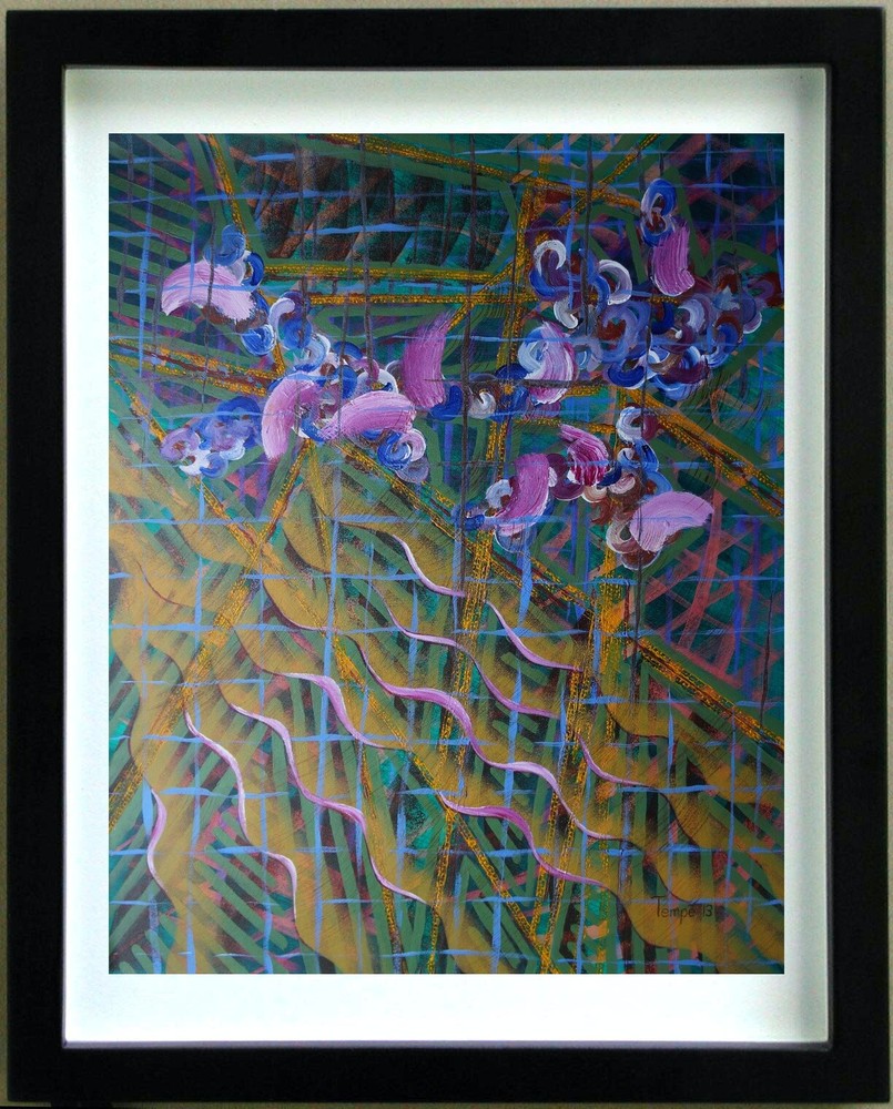 Acrylic snake painting on canvas with feathers signed TEMPE 20th century art