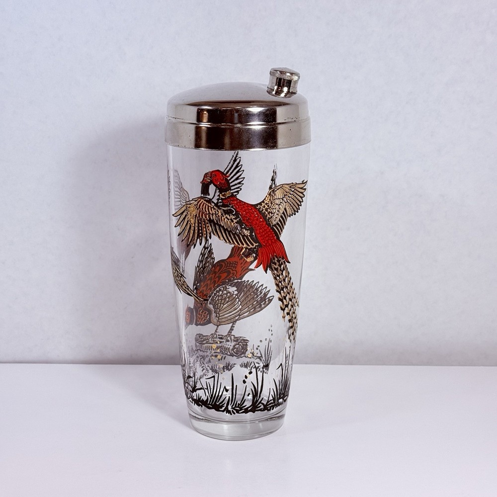 VTG Hazel Atlas Glass Cocktail Shaker Red & Gold Pheasants w/Lid &Flask Top COOL