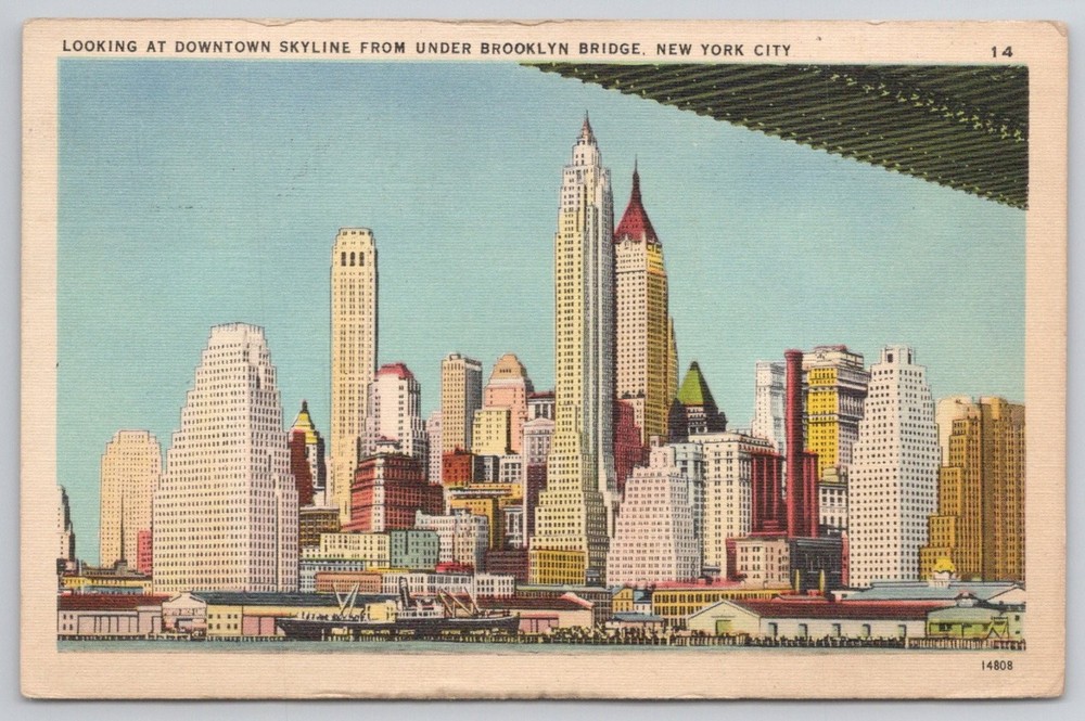 NYC Downtown Skyline Brooklyn Bridge Linen Postcard 1930s New York City