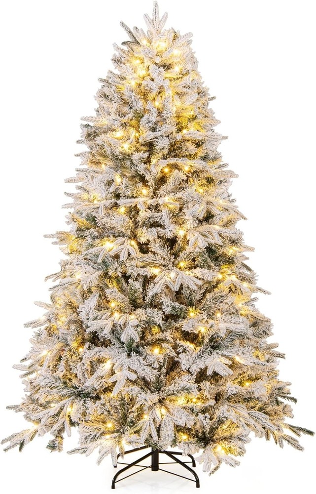 COSTWAY 4.5ft/6ft Pre-Lit Snow Flocked Christmas Tree, Hinged Artificial Xmas