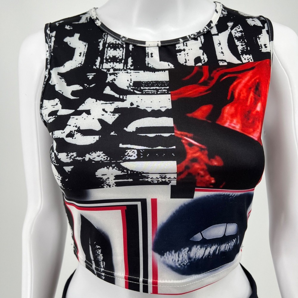 Shein Women's Y2K Aesthetic Patchwork Lips Print Stretch Cropped Tank Top (S)