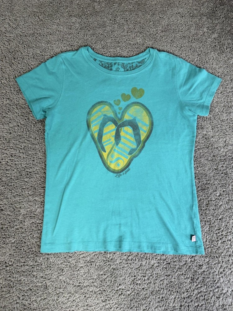 Life Is Good Shirt Womens M Blue Flip Flop Heart Graphic Crew Neck Tagless