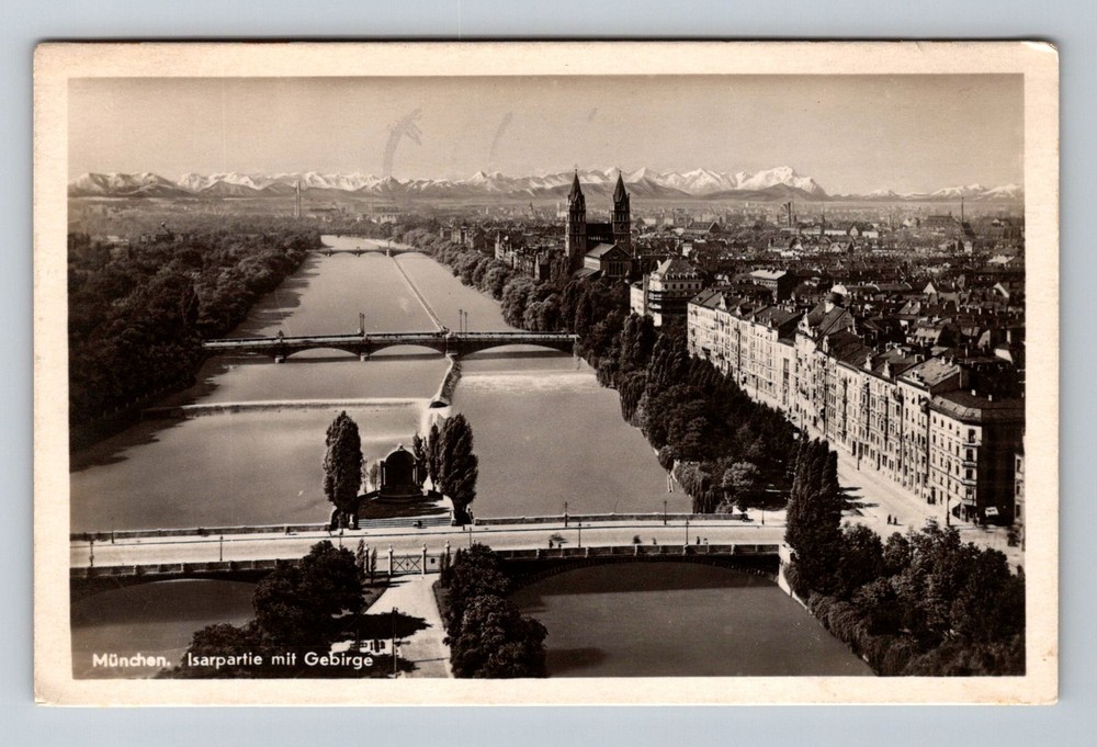 Germany- Munich Isar River Bridges & Mountain View Old PC Vintage c1932 Postcard