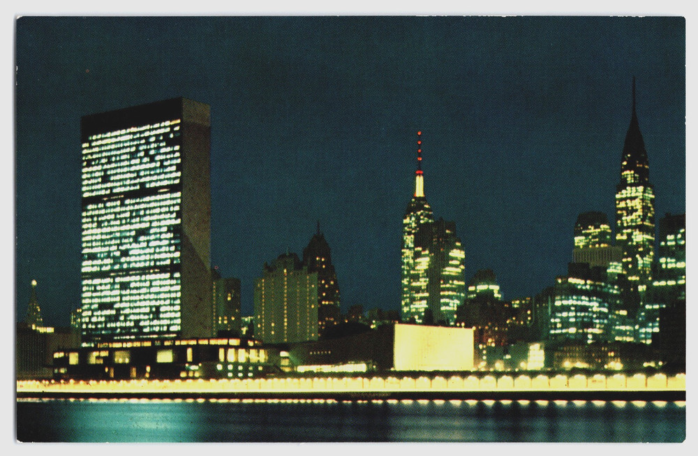 New York City New York NY City Buildings Skyline At Night Vintage Photo Postcard