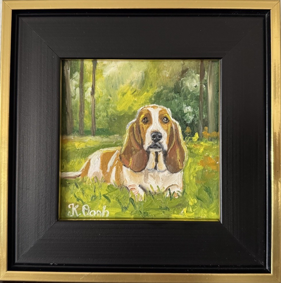 ORIGINAL OIL PAINTING BASSET HOUND DOG PORTRAIT SIGNED FRAMED 4x4