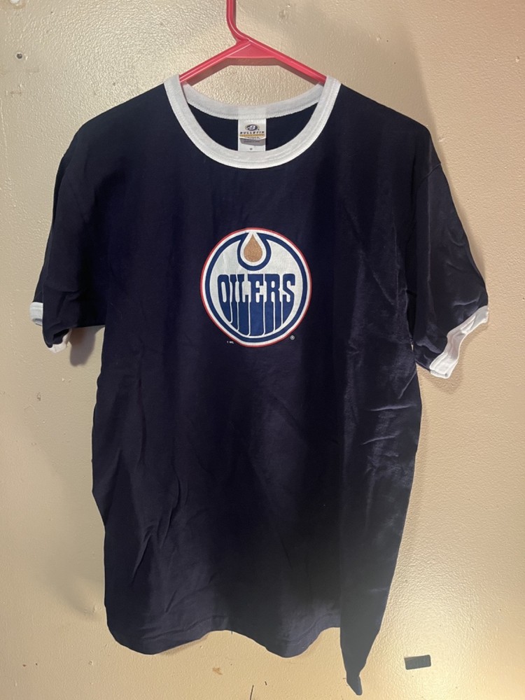 Vintage Blue Edmonton Oilers T Shirt Medium Bulletin Graphic Print NHL Hockey