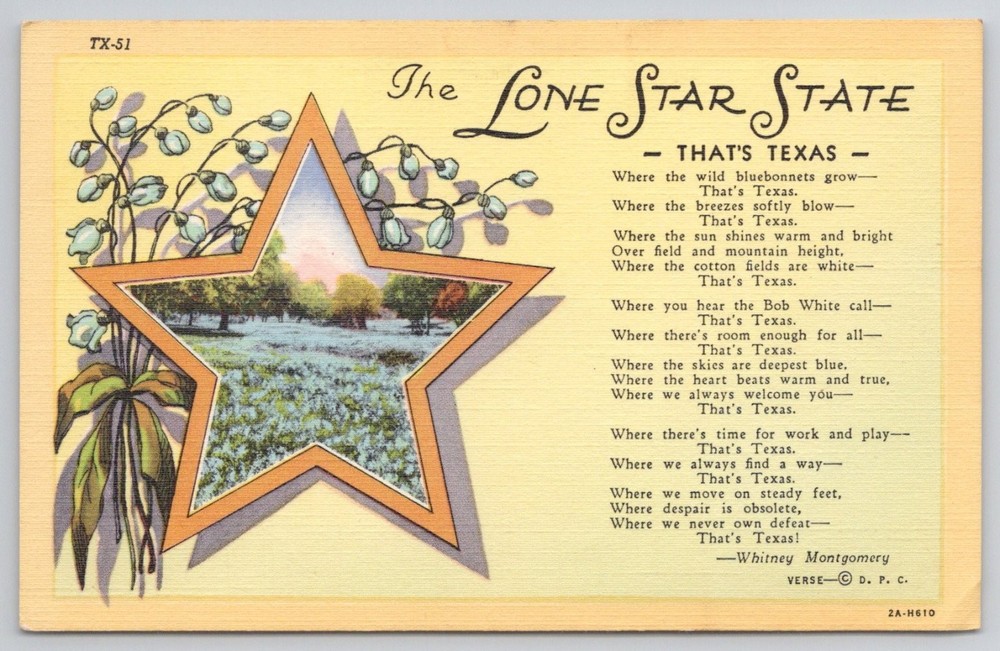 Vintage Linen Postcard: The Lone Star State Texas Bluebonnets Poem TX-51
