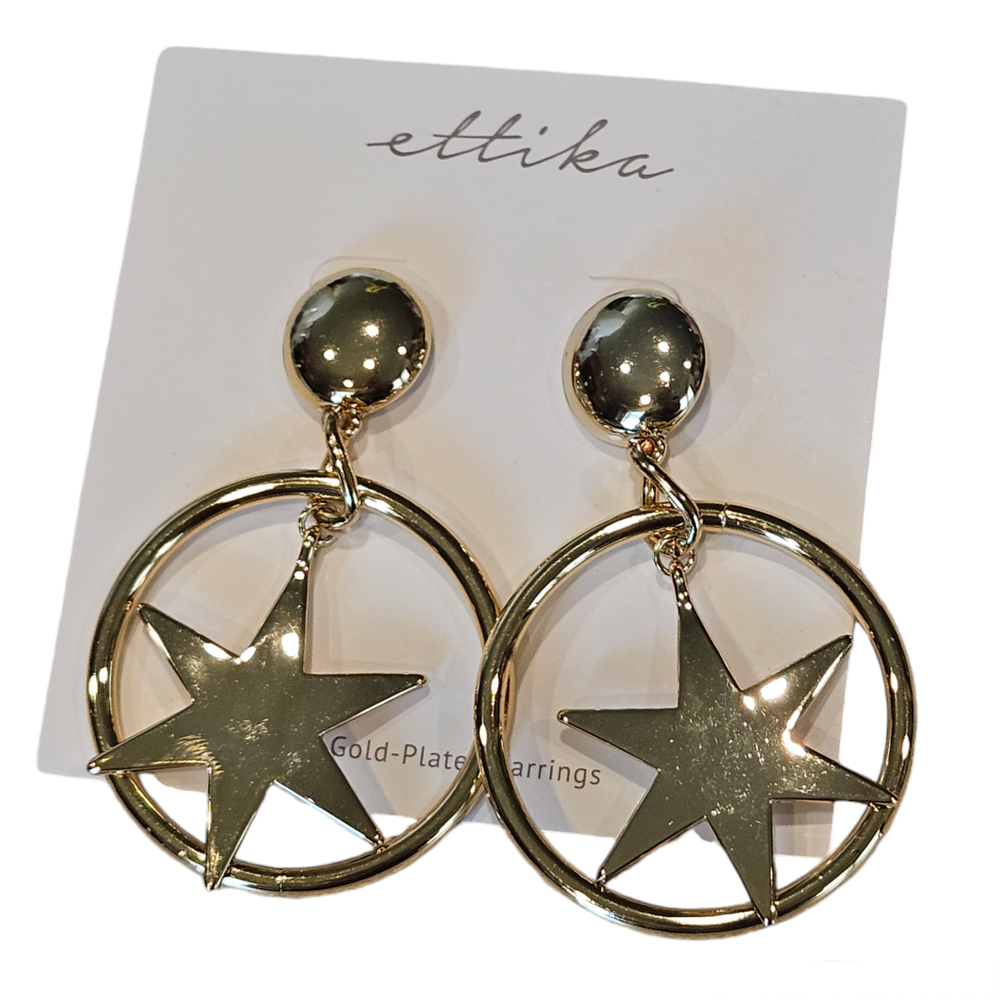 Ettika Star Hoop Dangle Earrings 18KP Statement Dramatic Bold Night Out