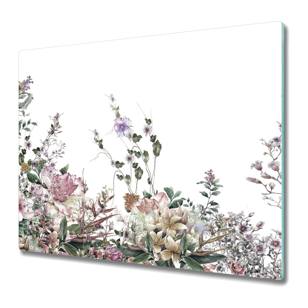 Serving Chopping Board Glass Cover Field Flowers Floral Watercolour 60x52