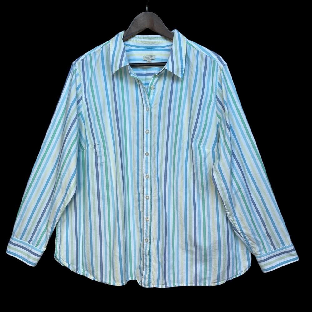 Talbots Woman 3X Striped Button Up Shirt Blue Green Yellow Cotton