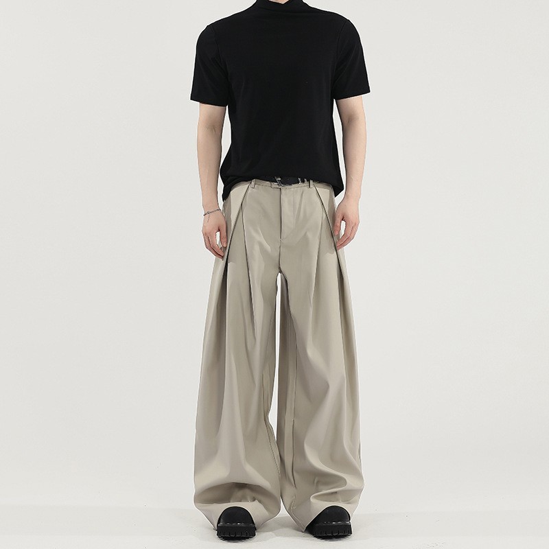Men's Khaki Loose Wide-leg Trousers Casual Summer Pleated Pants