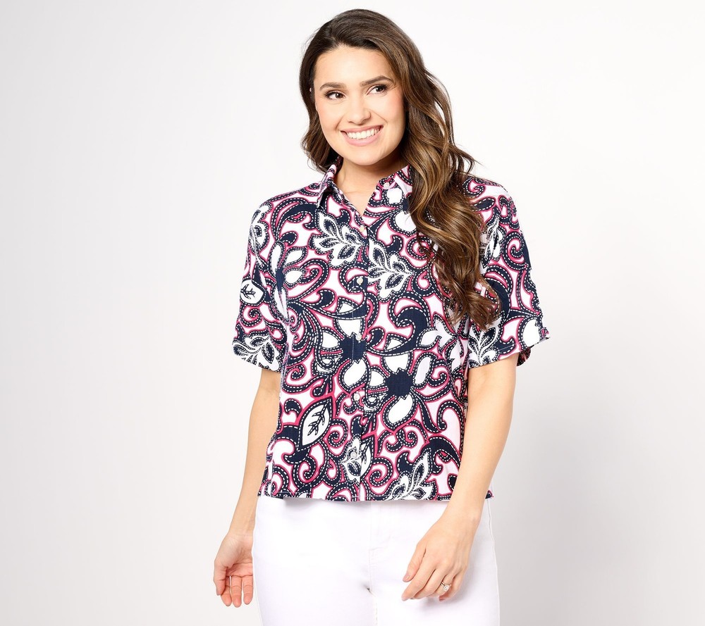 Susan Graver Women's Top Sz M PURE Printed Linen Blend Multi-colored A644498