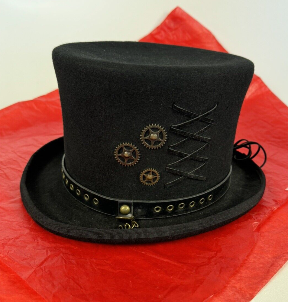 Conner Handmade Hats Black Steampunk Top Hat Size Medium 100% Wool