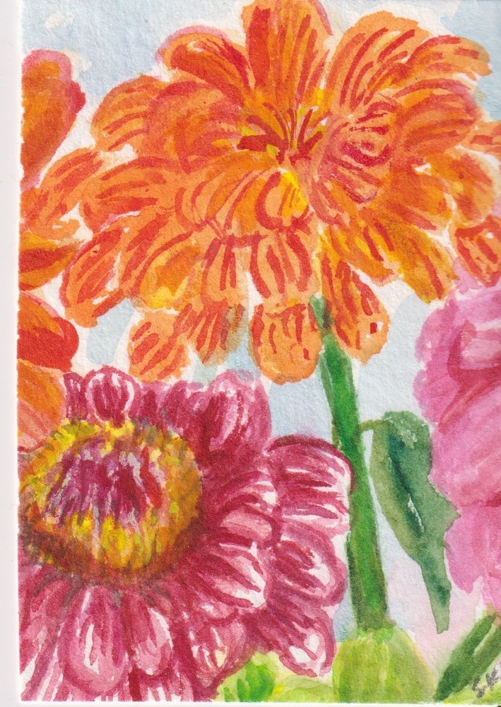 Original ACEO Colorful  Zinnias Watercolor Painting art by Sharon Foster